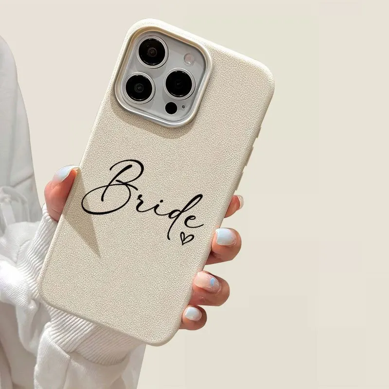 Bride Script Heart Cream Faux Leather Phone Case for iPhone17promax /16/15/14/13/12ProMax/11/11Pro Anti-drop protection