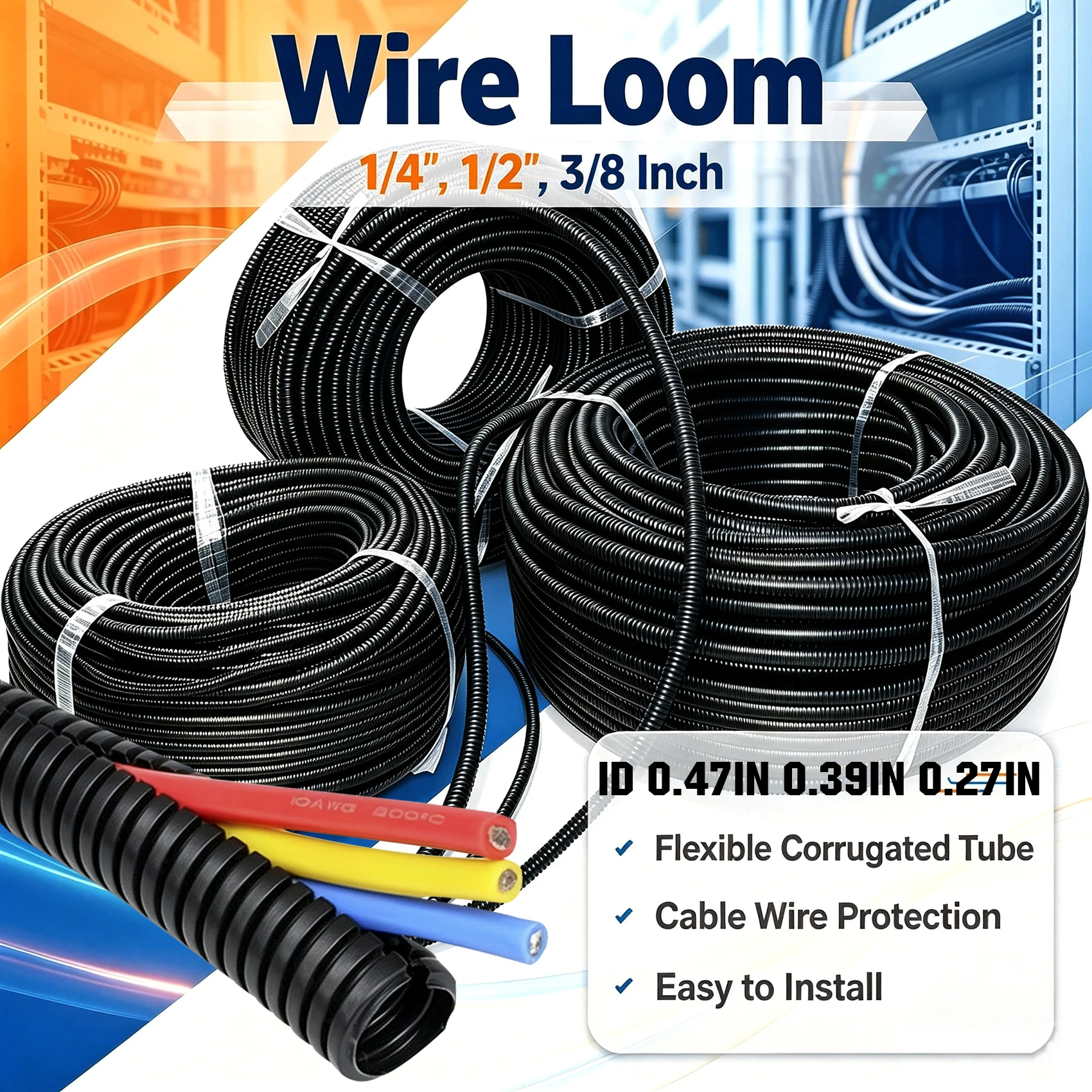 Wire Loom Corrugated Pipe 1/2 3/8 1/4'' Car Cable Heat Resistant Insulated Tube Harness Motor Equipment line Protection Sleeving