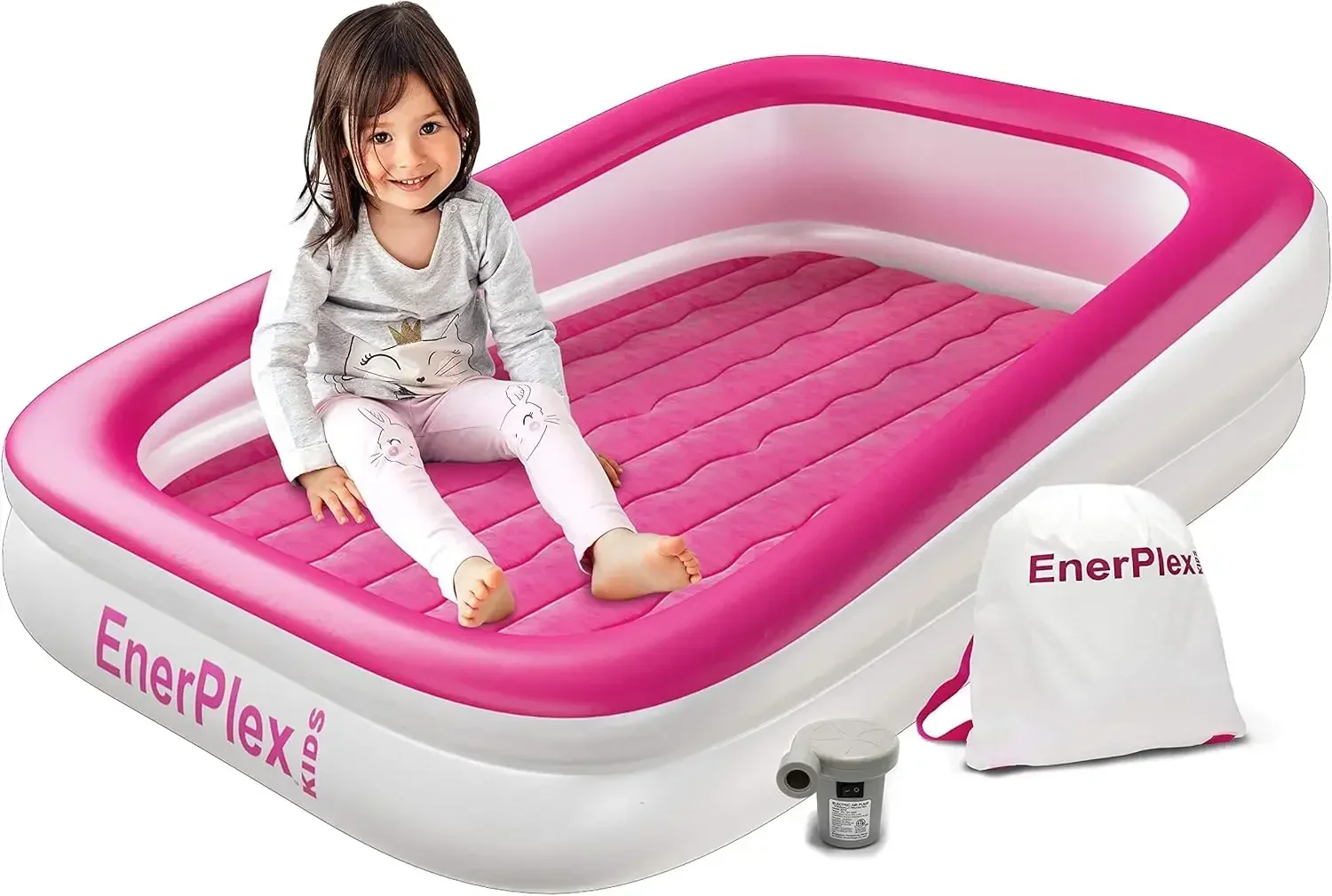 Inflatable Travel Bed with High Speed Pump, Portable Air Mattress for Kids on The Go, Blow up Toddler with Sides – Built-in Safe