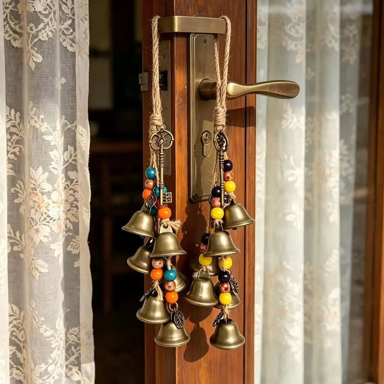 Available in 2 colors, Bohemian vintage brass bell wind chime with colorful beads, suitable for home door and wall decoration