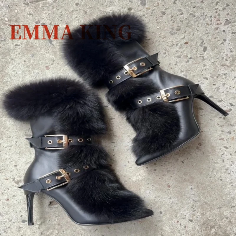 البيج الفراء أشار تو أبازيم أحذية النساء الكاحل الأشرطة موضة أحذية دافئة في الشتاء الصلبة أفخم فستان الحفلات مثير أحذية للنساء