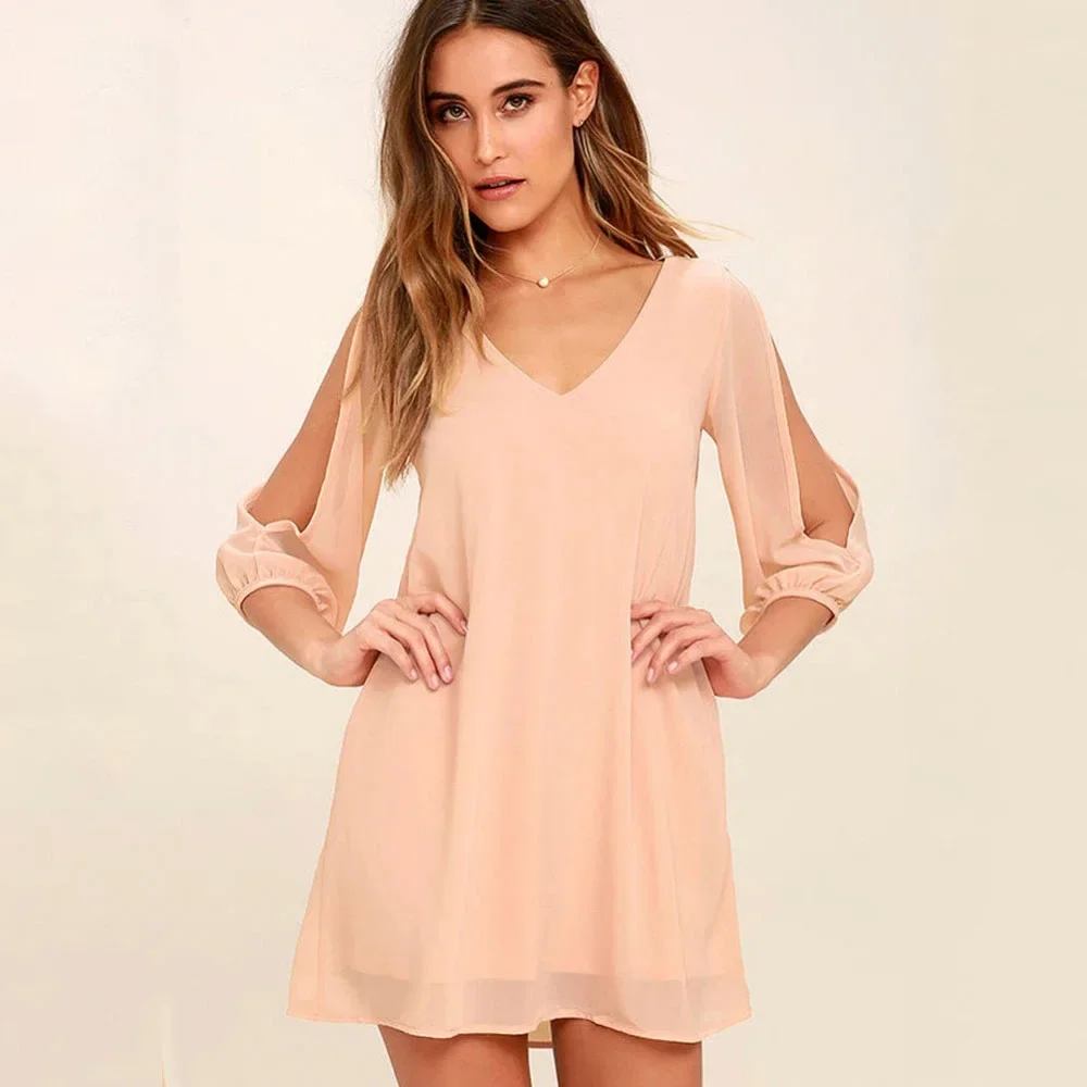 Vestido corto holgado de manga corta para mujer, minivestido Sexy y elegante con escote en V profundo, Color liso, para fiesta y Club