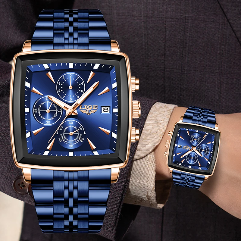 

LIGE 2026 Men's watches Business Square Military Waterproof Sports Quartz Men's Stainless Steel Strap Calendar watches for men