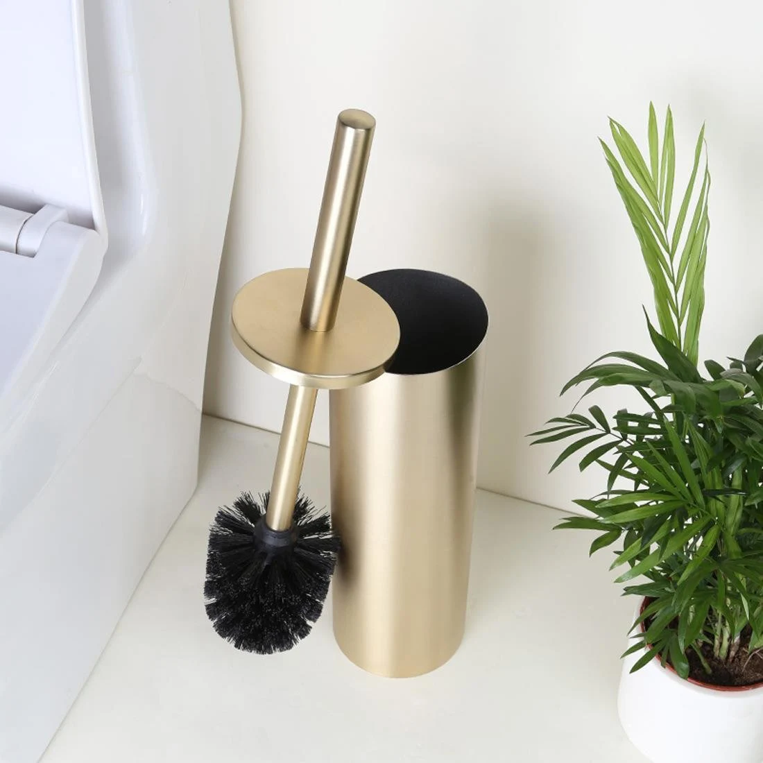 Toilet Brush, Polished Rose Gold, Brushed Gold, Floor-Standing and Wall-Mounted, Enclosed Black Home Bathroom Toilet Brush