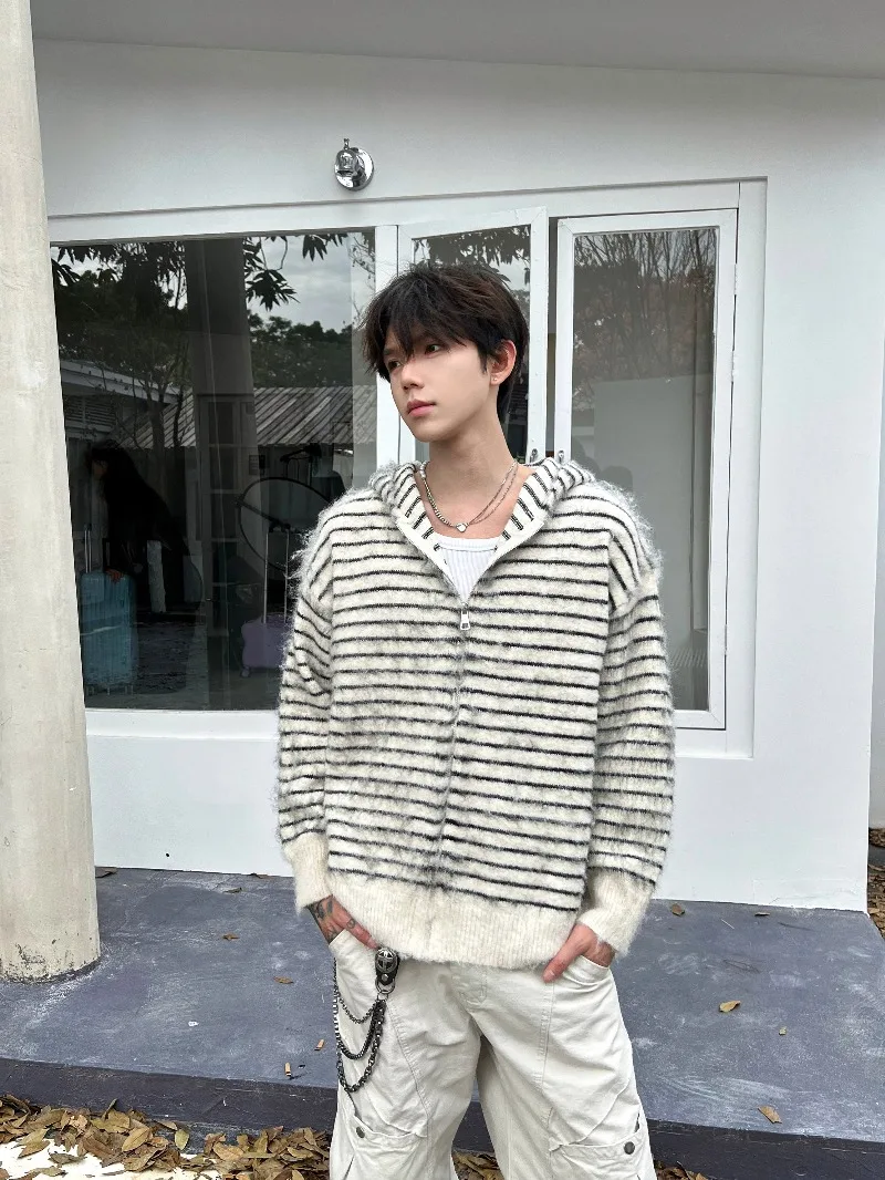 الأمريكية الرجعية مخطط الموضة العصرية الرجال مقنعين سترة سترة الشباب شعبية فضفاضة عادية محبوك سترة #4