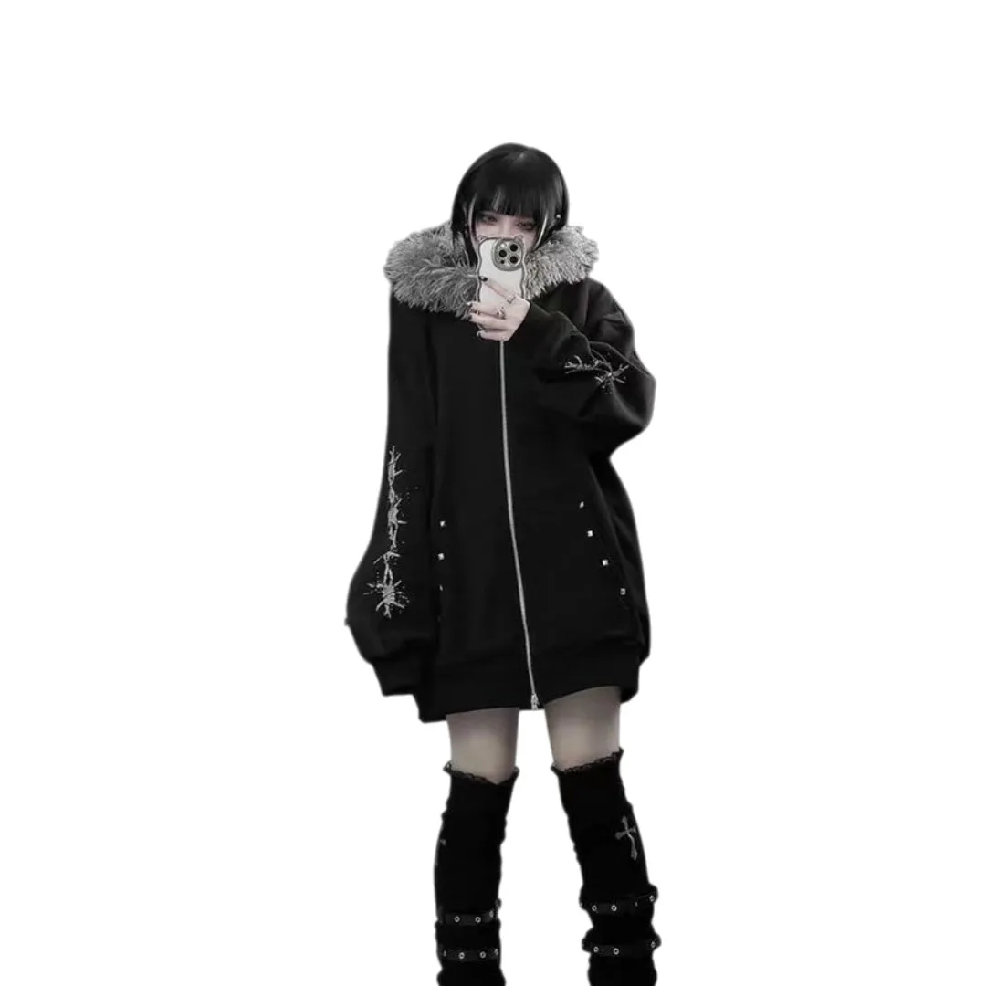 Women Fur Hooded Parkas 2025 Winter Coat Man Unisex Y2K Dark Retro Hoodie Faux Fur Collar Loose Printed Fleece Lined Cardigan