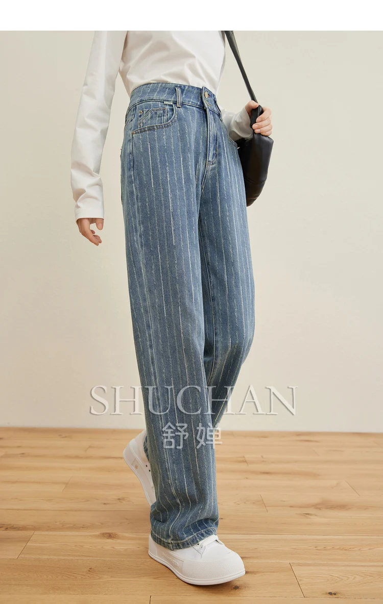 Retro Fashionable Feeling Hot Drill Straight Striped Jeans 2024 Autumn New High Waisted Jeans  Pantalones