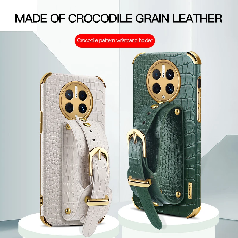 

Wrist Strap Crocodile PU Leather Cases For Huawei Mate 40 50 20 30 Pro Shockproof With Stand Holder Silicone Cover Phone Case