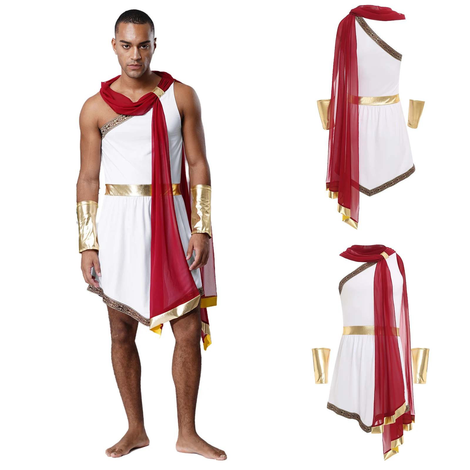 

Mens Halloween Fancy Dress Ball Toga Costume One Shoulder Sleeveless Ruffles Sash Robe with Metallic Cuffs for Warriors Cosplay