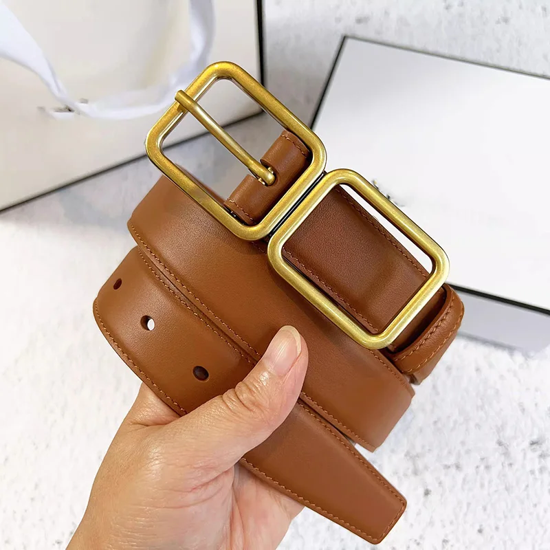 Double Square Buckle Belt Female Top Qanity Luxury Copper Metal Genuine Cowhide Leather Crocodile Pattern Fashion Waist Ornament