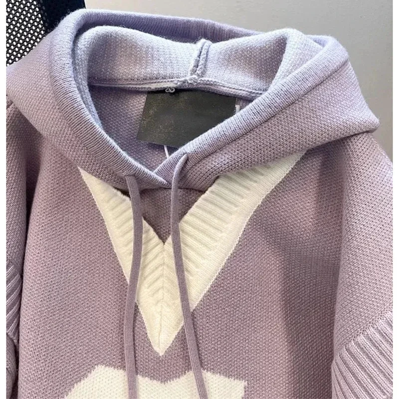 2024 Spring Autumn New Contrast Fake Two Sweater Jacket Women Elegant Hooded Pullover Sweater Female Loose Knitting Jumper Lady