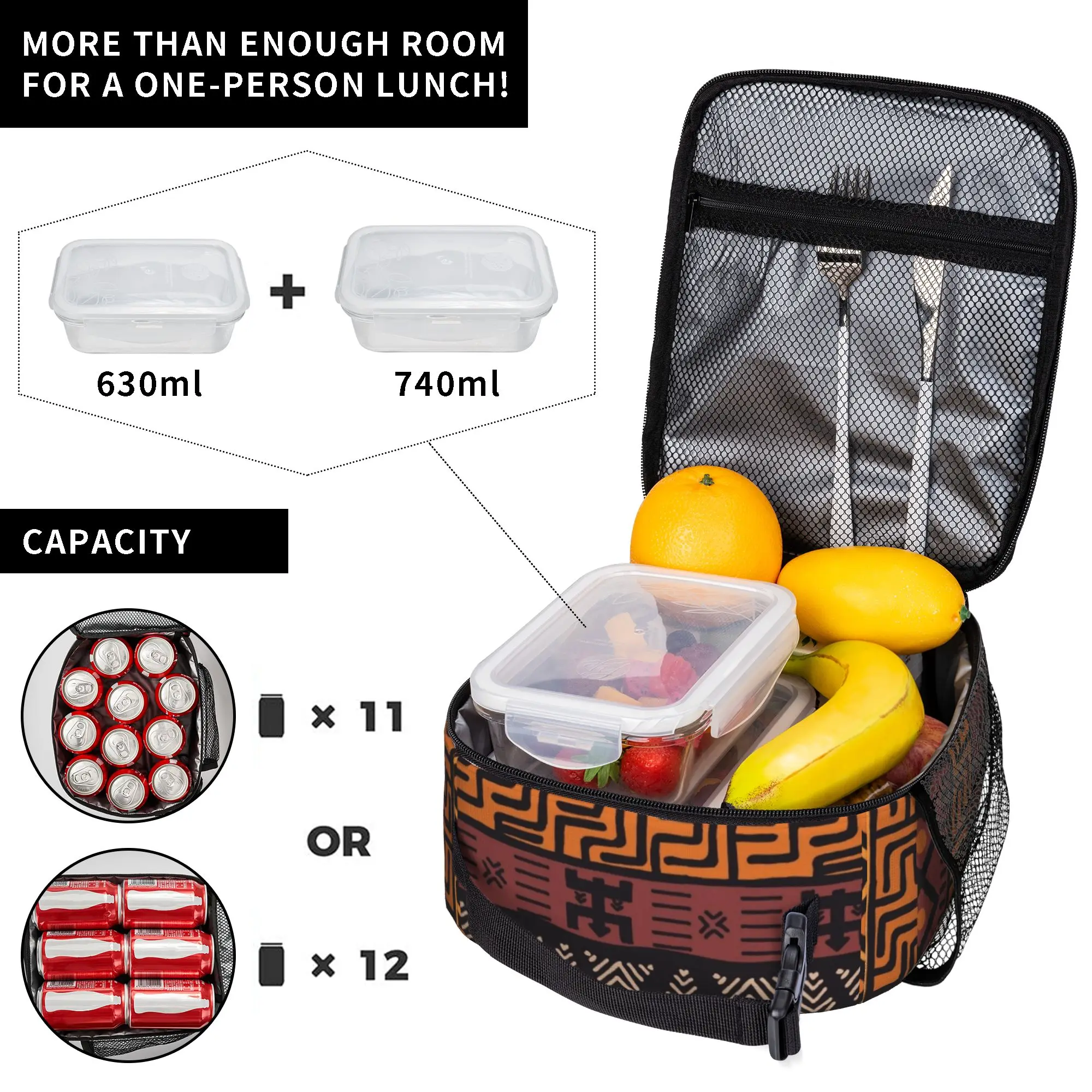 African Ethnic Tribal Ankara Carry Thermal Cooler Bag Geometric Stripe Reusable Insulated Lunch Bags Causal Container Box School
