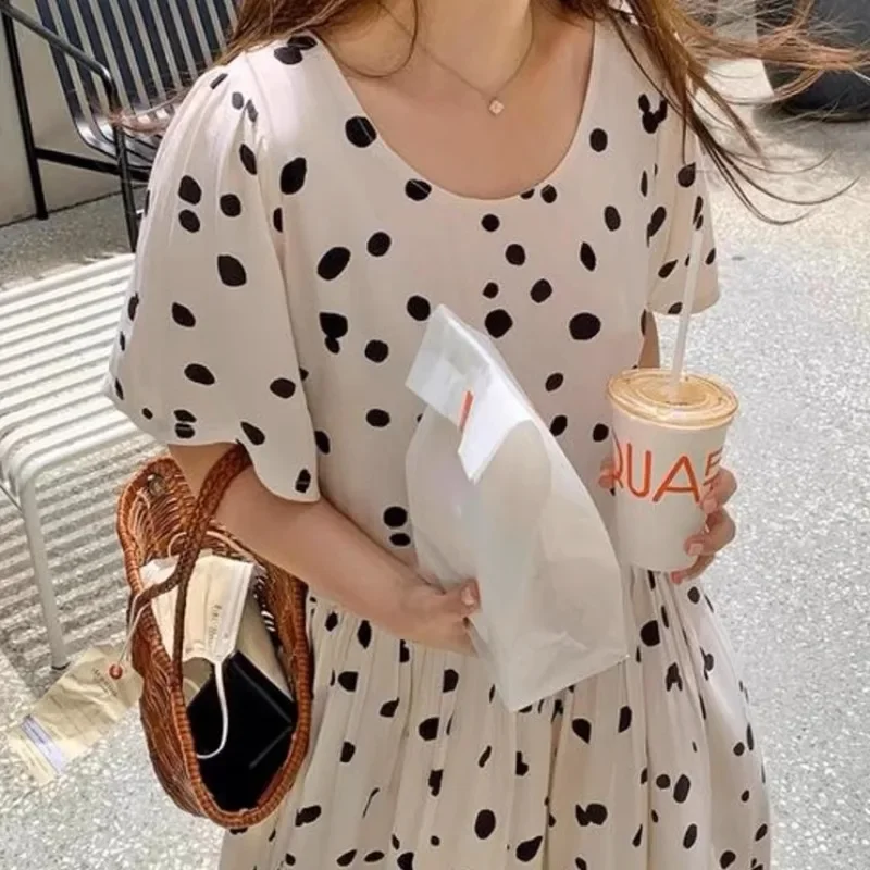 Dress Women Vintage Loose All-match Summer Slouchy Polka-dot Korean Fashion Streetwear Midi Dresses Harajuku Trendy Popular Ins