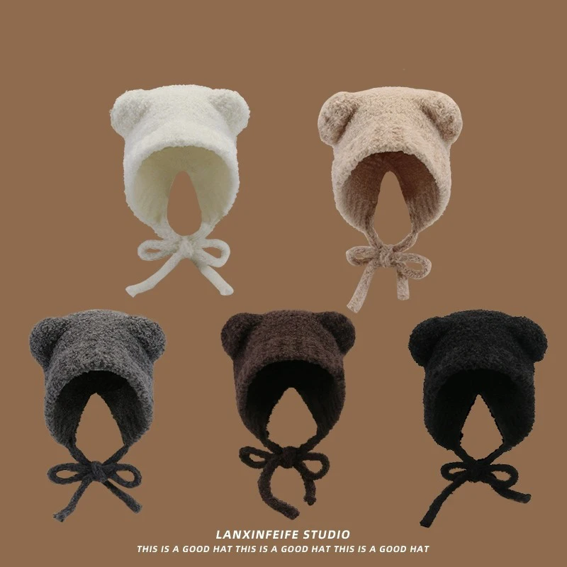 

New Lambhair Winter Harajuku Y2k Beanies Knitted Hat Women Lace Up Warm Thick Hip Hop Skullcap Short Hat Unisex Basic Cap Bomber