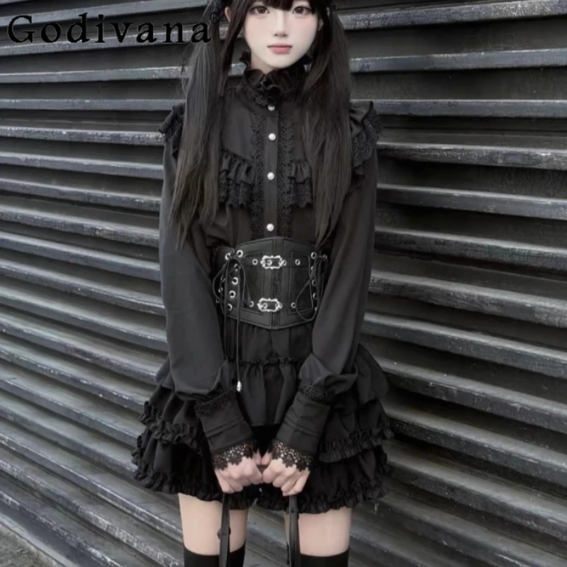 

Японская темно-готическая юбка в стиле Лолиты с высокой талией, уменьшающая возраст, юбка-тортик с длинными рукавами для девочек, свободный воротник-стойка, комплекты милых рубашек с оборками