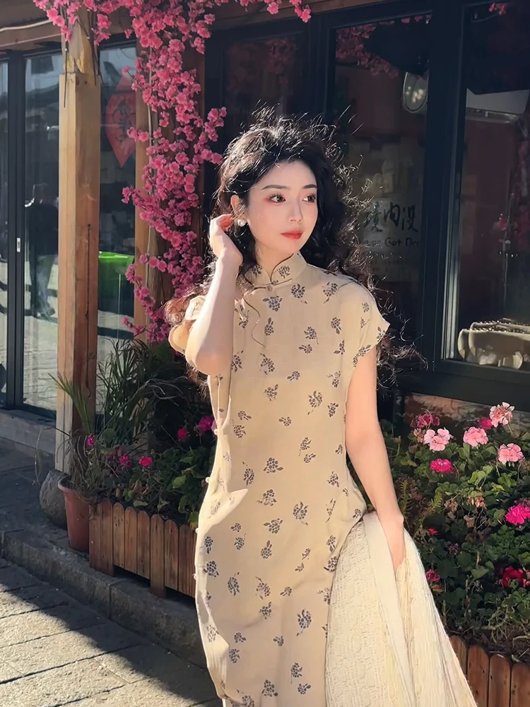 

Элегантное художественное женское летнее новое китайское платье-ципао с длинным рукавом, красивое, дышащее, для повседневной носки
