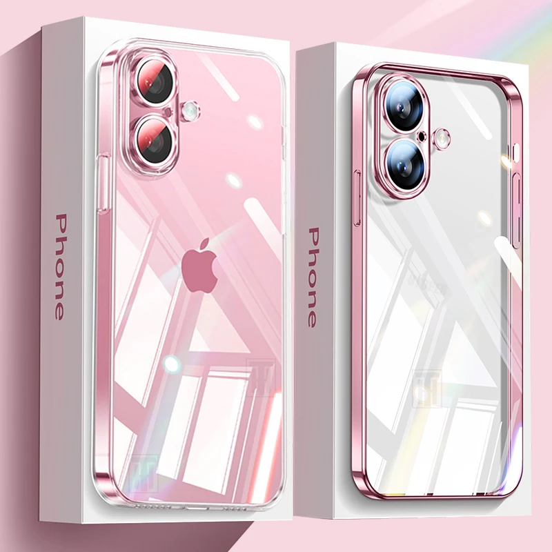 

Official Not Yellowing High Clear Plating Case for iPhone 16 15 14 13 12 11 Pro Max Plus Ultrathin Lens Film Protect Soft Cover