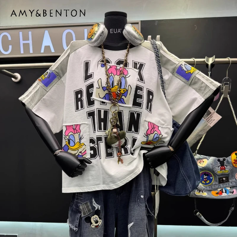 

American High Street Trendy Fun Patch Cartoon Patchwork Short-sleeved T-shirt Women's Summer Pure Cotton Tops Ins Style Tshirts
