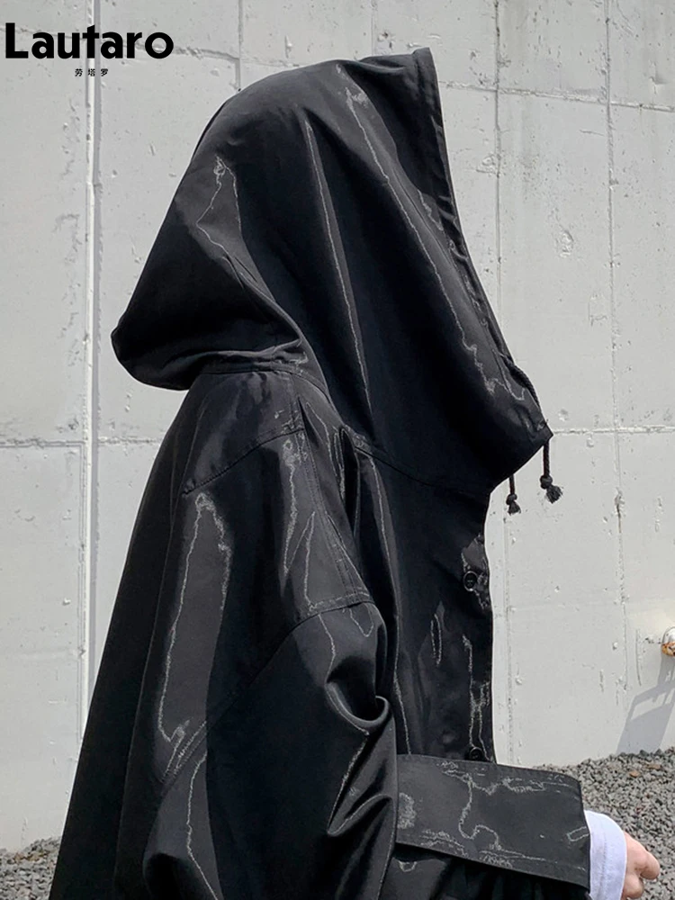 Lautaro Frühling Herbst Übergroßer Langer Wasserdichter Trenchcoat für Damen mit Kapuze Locker Geschnitten Hexenästhetik ‌   Streetwear-Kleidung 2026