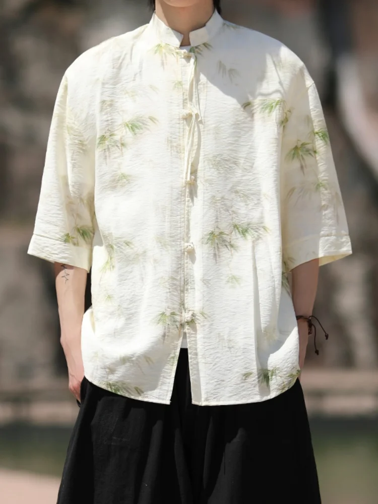 

New Chinese Style Ice Silk Short Sleeve Shirt Men's Summer Casual Half Sleeve Home T-Shirt Fashion Brand Loose Fit Printed