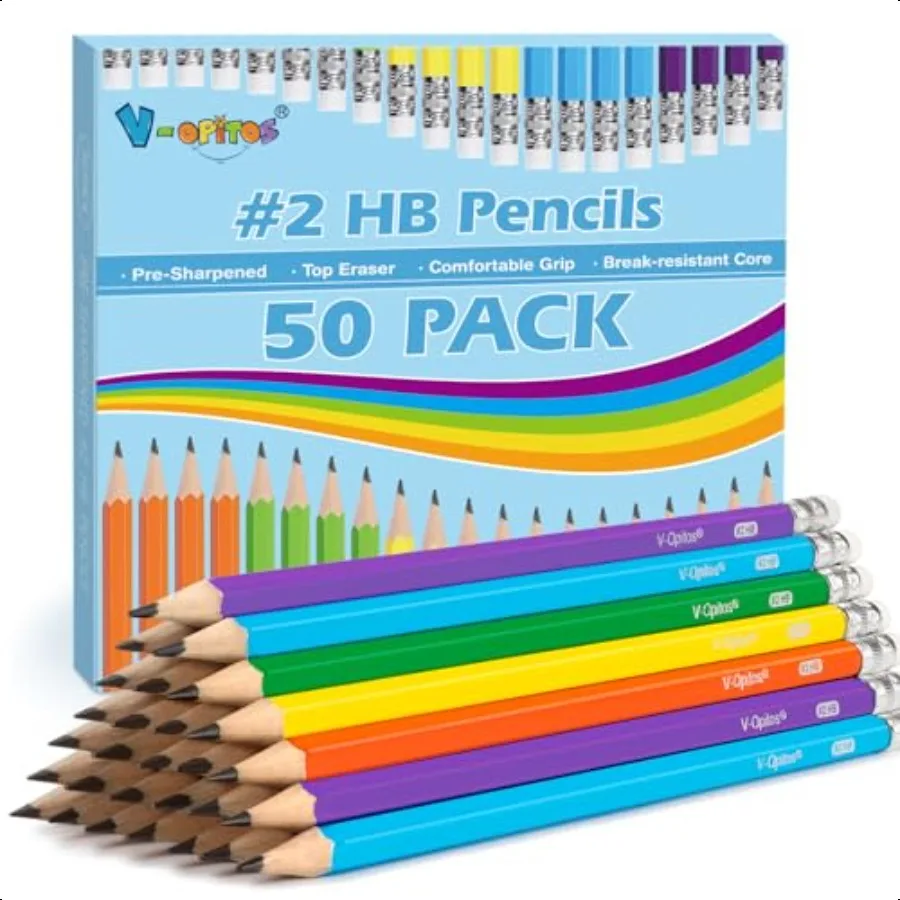 

2 PreSharpened WoodCased Pencils 50 Pack with Top Erasers Bulk 2HB Pencils in Assorted Colors for School Writing Drawing and Sk
