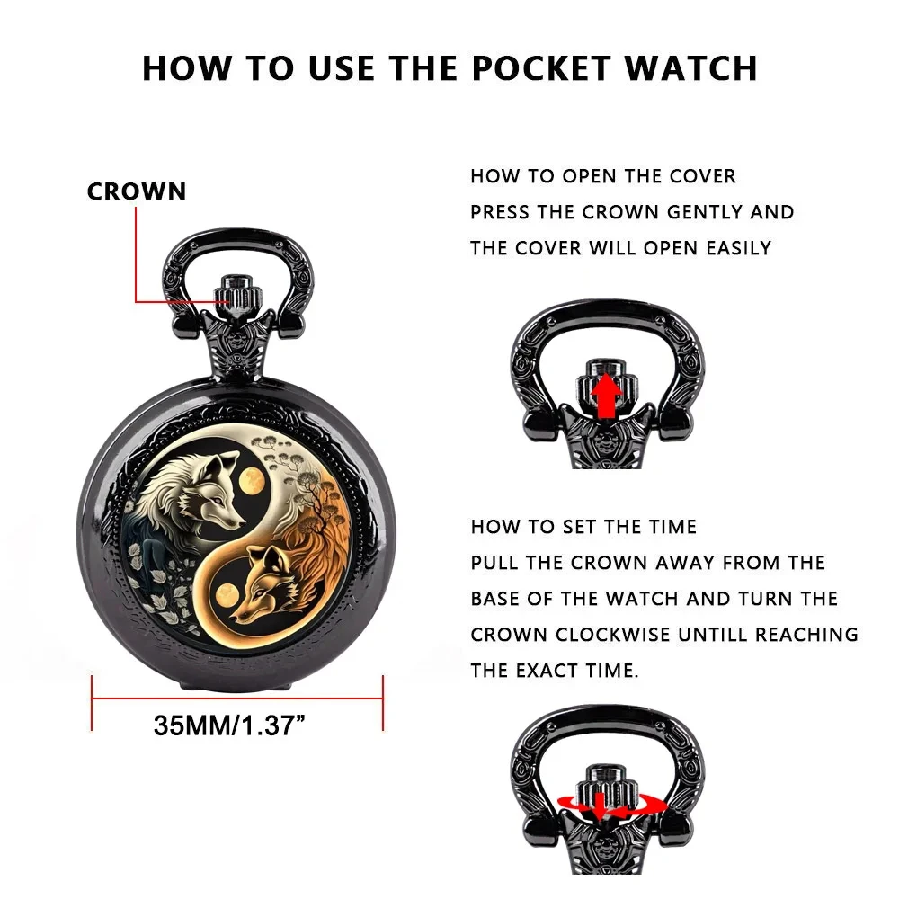 Creative YinYang Wolf Animal Pattern Design Mini Pocket Watch with Necklace Pendant World-Time Feature, Gift For Women Men Kids #6