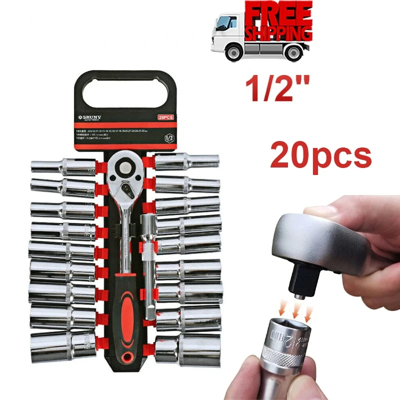 

1/2” 20 Piece Ratchet Socket Wrench Set 18pc 8-30mm Metric Drive Socket Spanner Quick Release Ratchet Handle Repair Hand Tools