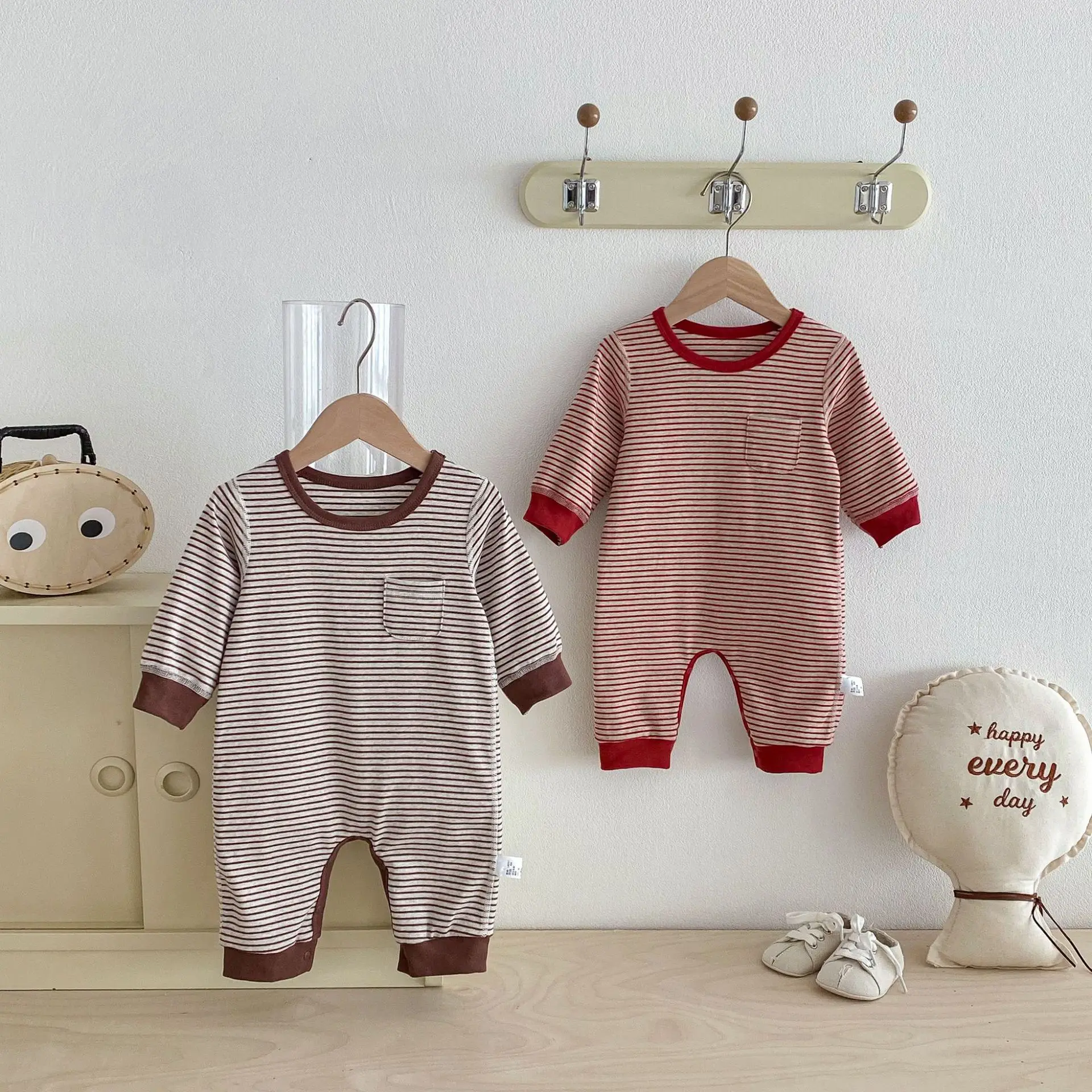 6-24 Months baby autumn and winter long-sleeved striped jumpsuit for both boys and girls, comfortable home wear and outdoor wear