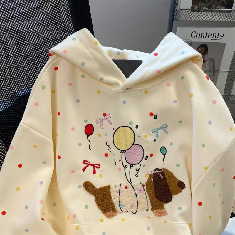 ダックスフント犬刺繍かわいい水玉模様ルーズフード付きスウェットシャツ韓国秋冬新作怠惰なカレッジスタイルベルベットジャケット