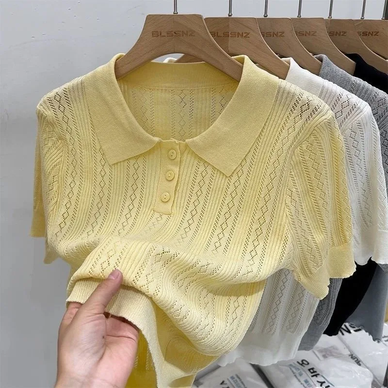 Women's Summer Thin Knit Polo Shirt Hollow-Out Short Sleeve Top Knitted T-shirts  for Women Korean Fashion Elegant Knitwear