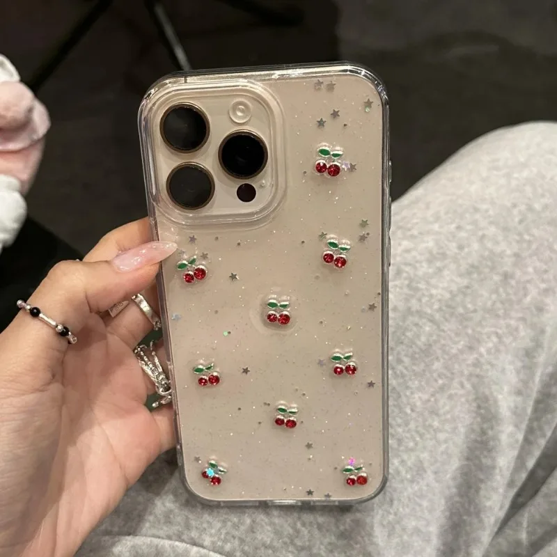 Niedliche Epoxidharz-Kirsch-Glitzer-klare Handyhülle für iPhone 16, 15, 14, 13, 12, Pro Max, luxuriöse Pailletten, glitzernde Rückseite für Damen und Mädchen