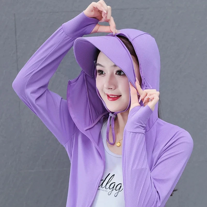 UPF 50+UV Sun Protection Clothing Women Hoodie Ice Silk Breathable Ultrathin Sunscreen Jacket Outdoor Short Fishing Running Coat