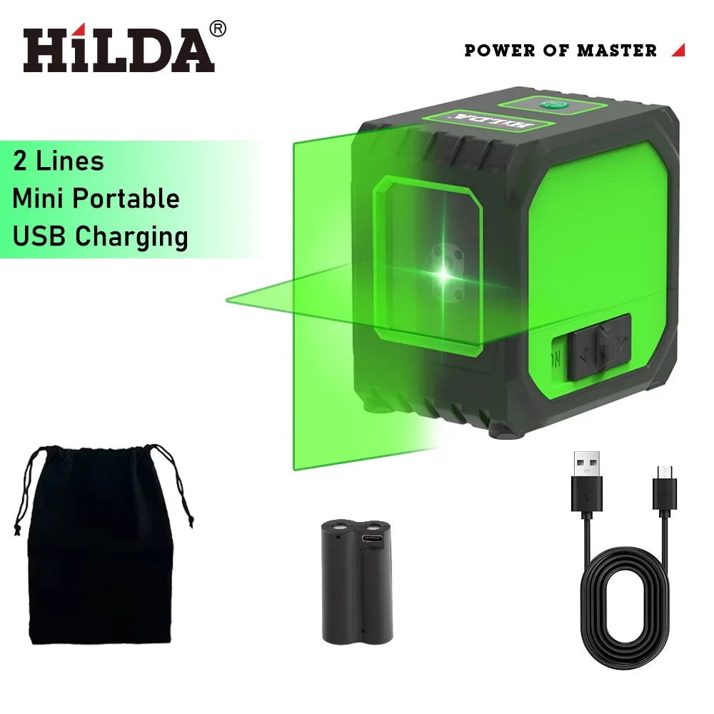 HILDA 2 Lines Laser Level USB Charging Mini Laser Level Self Levelling Green Beams Laser Horizontal & Vertical Cross-Line