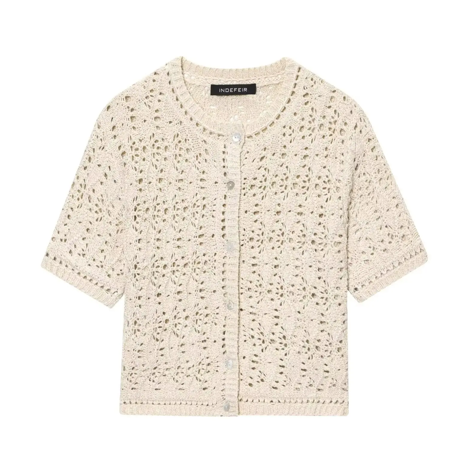 KONDALA Casual 2025 Beige Women Solid Hollow Out Vintage Sweaters O-Neck Slim Button Knitwear Streetwear Chic Elegant Mujer Tops