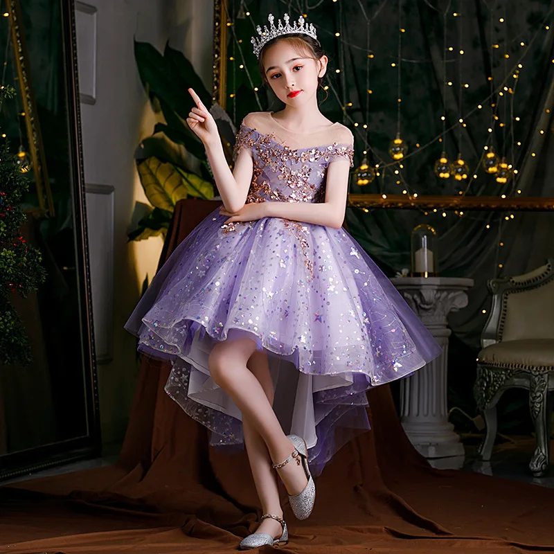 Kids Formal Occasion Purple Dresses for Girls Princess Costume Long Luxury 2023 Wedding Party Ball Gowns Cute Prom Evening Dress