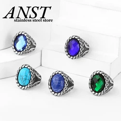 Fashion Vintage Man Boy Round Natural Stones Ring in Stainless Steel Jewelry Mens Accessories Anel Aneis Wedding Gift