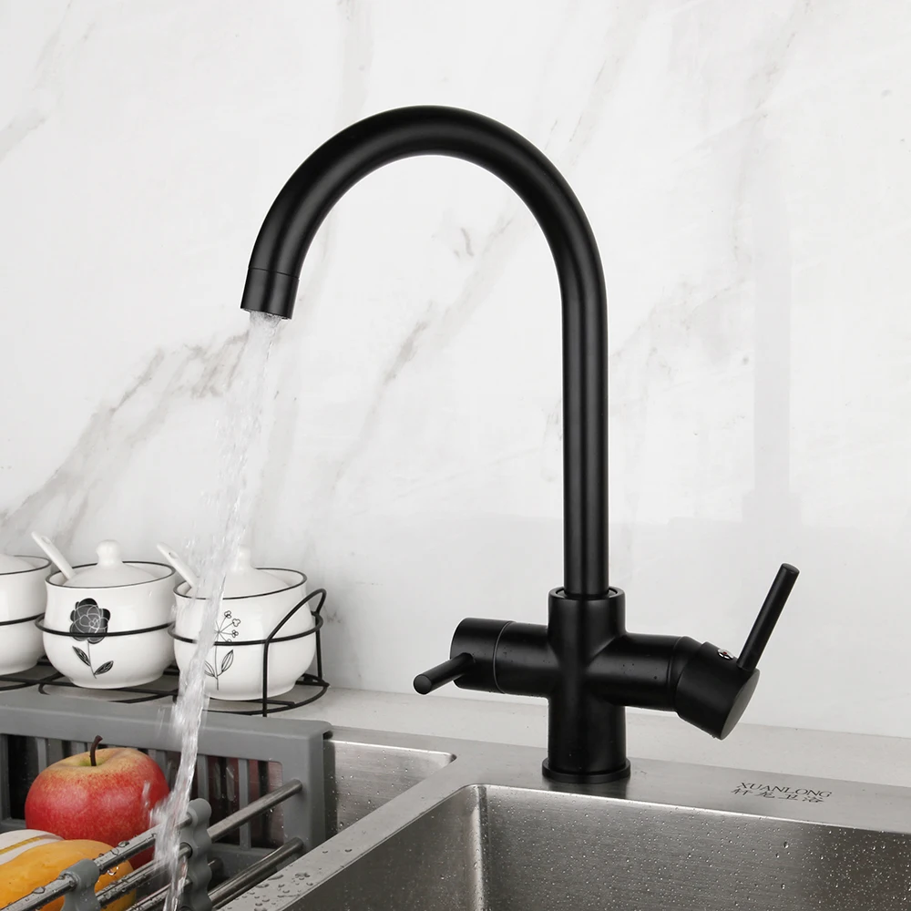 KEMAIDI Kitchen Sink Faucet Matter Black 360 Swivel Water Filter Purifier Faucet Dual Handles Hot And Cold Mixer Deck Mounted 