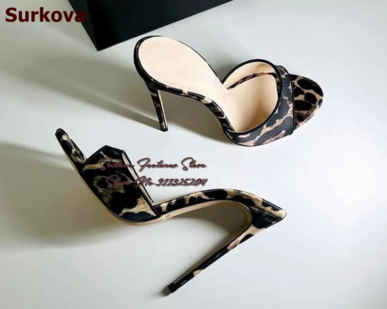 Surkova Sexy Leopard Printed Satin Cloth Mules Stiletto Heels Round Toe Silk Modern Slippers Clear PVC Summer Dress Pumps