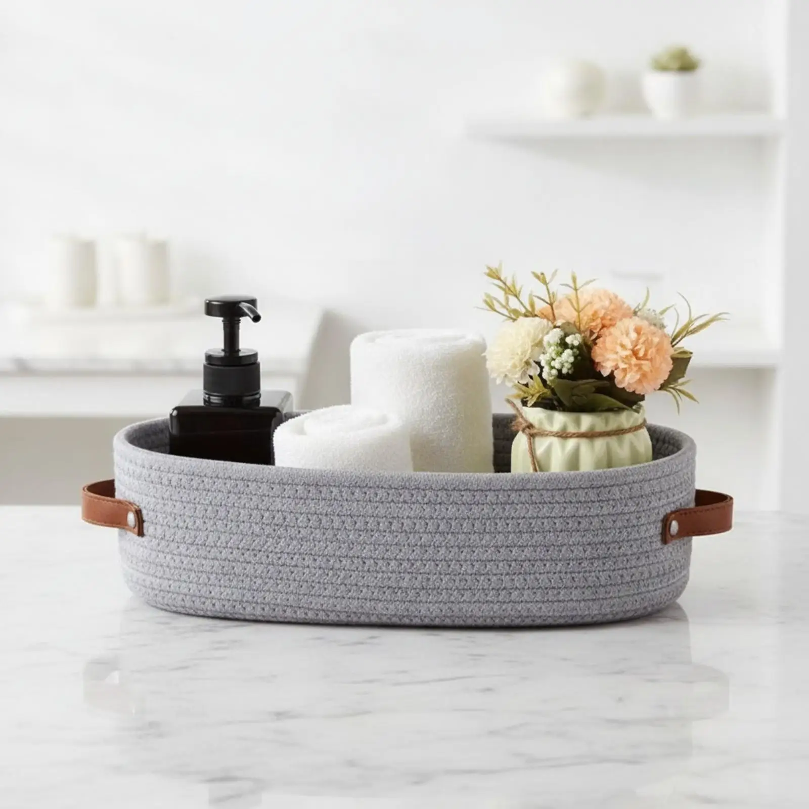 Compact Woven Organizer Basket with Leather Handles for Entryway Table Storage and Bathroom Essentials