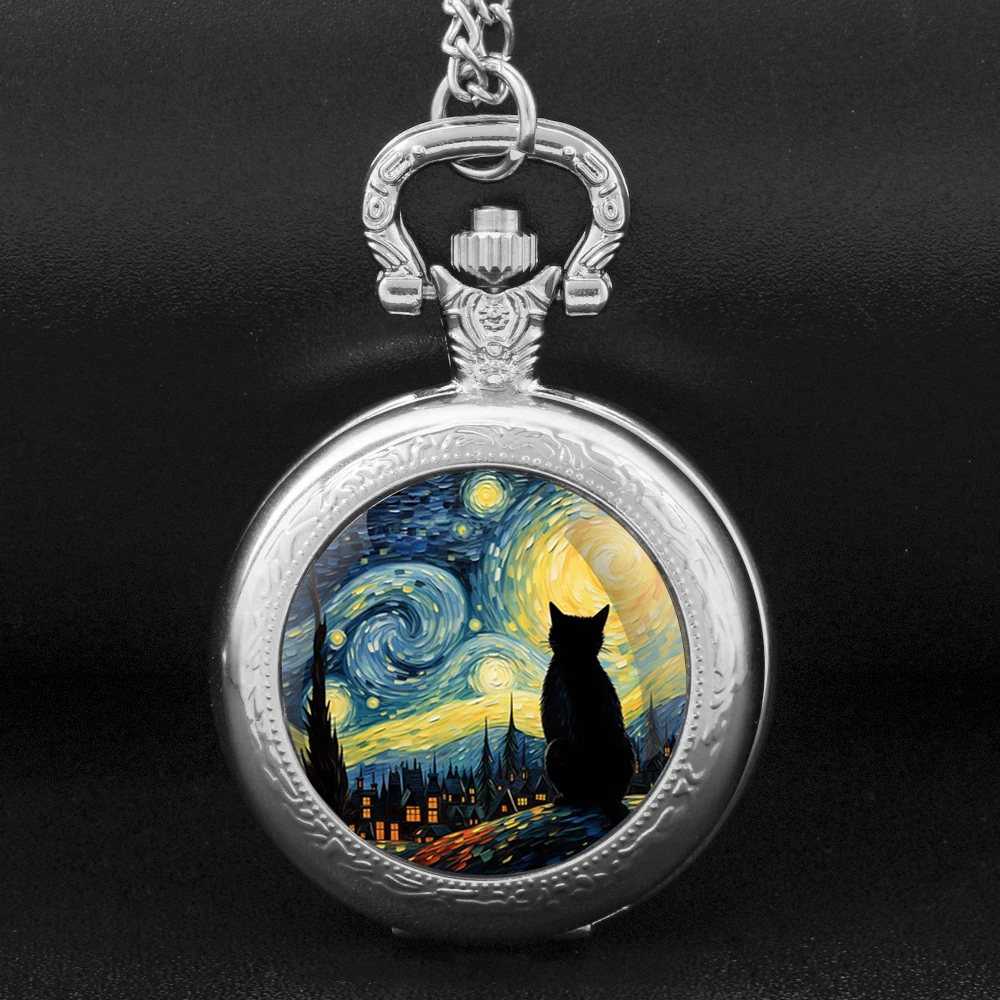 Fashion Starry Sky Cat Theme Pattern Pocket Watch Women Men Children Pendant Necklace Jewelry Watches Gift