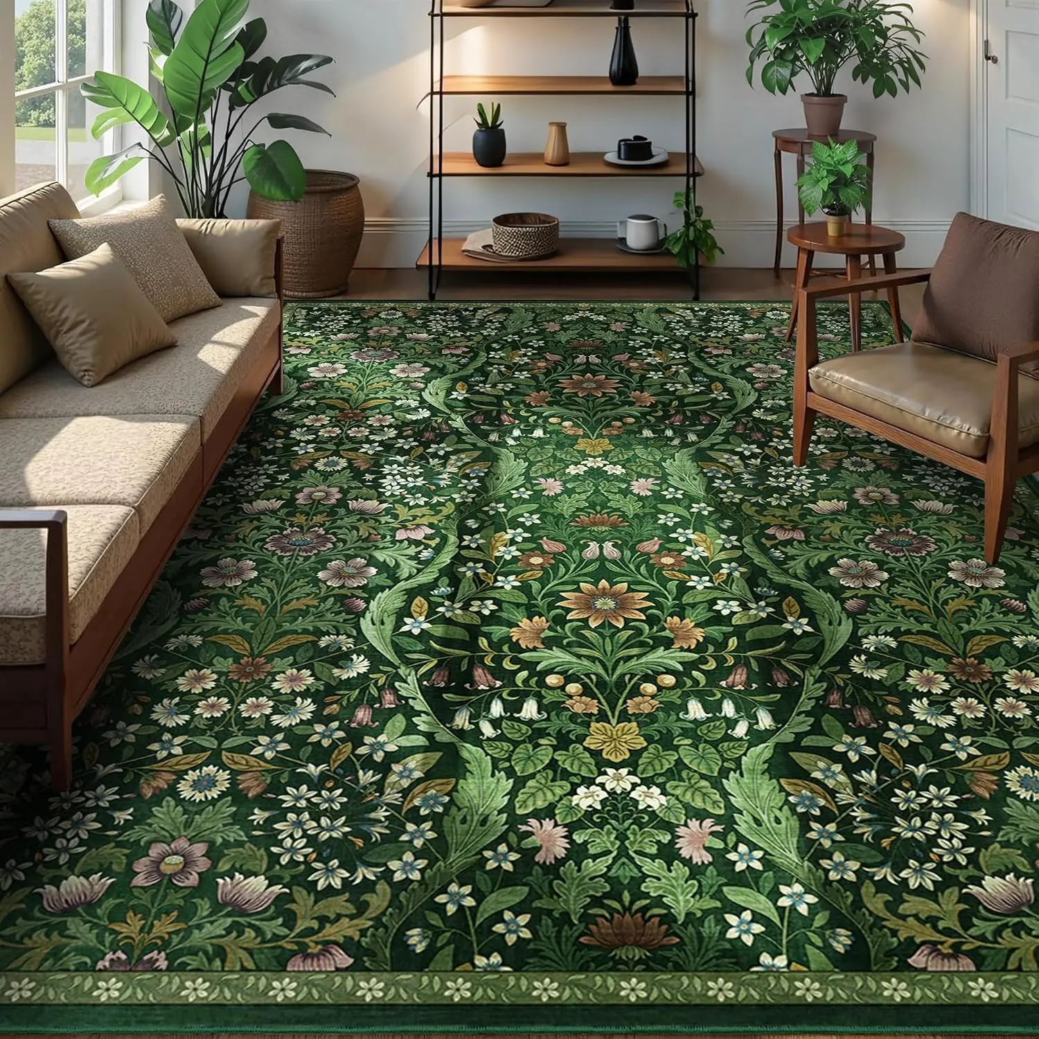Green Blossom Carpet Boho Vintage Washable Non Slip Soft for Living Room Bedroom Dining Home Office Decor Area Rug Floor Mat