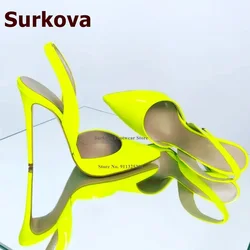 Surkova Neon Yellow Slingback High Heel Shoes 12CM 10CM 8CM Stilettos Pointy Toe Shallow Pumps Red Green Leopard Patchwork Shoes