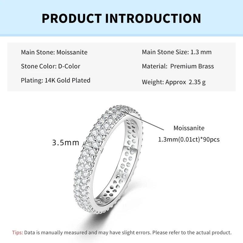 

Кольцо женское обручальное с муассанитом 1.3 мм, 0.9 карата (общий вес), GRA, цвет D, VVS1, имитация бриллианта, двойной ряд, ювелирное украшение, подарок