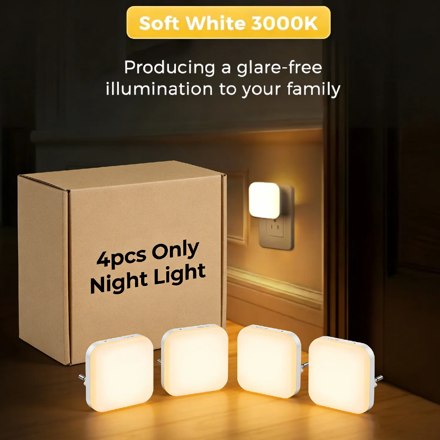 Plug-in LED Night Lights with Auto On/Off Sensor, Warm White Light - Wall-Mounted Light Compatible, Dusk to Dawn Detection