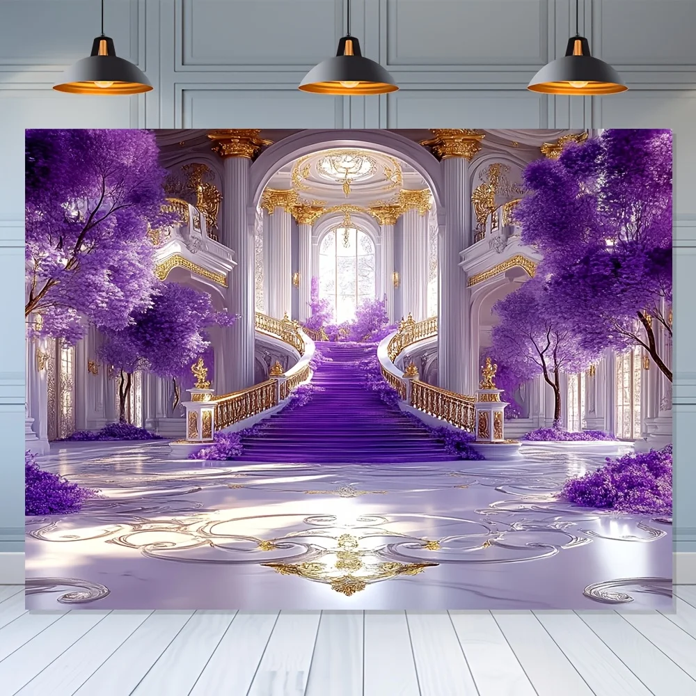 2D flaches 1-teiliges elegantes lila und goldenes Villa-Szene-Polyester-Hintergrundstoff, sehr gut geeignet für die Wohnzimmerdekoration