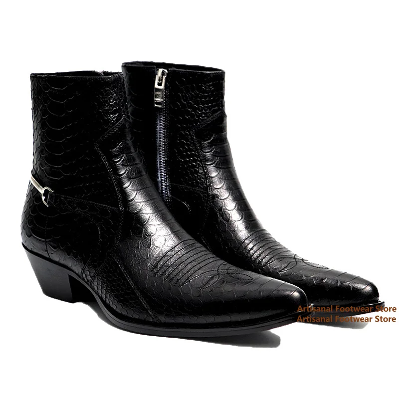 Snake Pattern Chelsea Boots Side Zipper Boots Solid Color Metallic Decor High-Top Booties Handmade Men Shoes Newest Botas