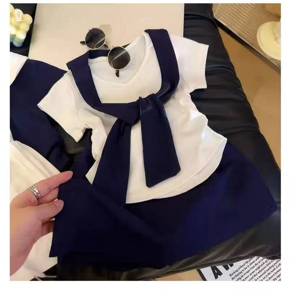 

Pink Girls' Set Summer Fashion Solid Color Children's Clothing Courtyard Style Short Sleeved T-shirt Top+Short Skirt Two Pieces