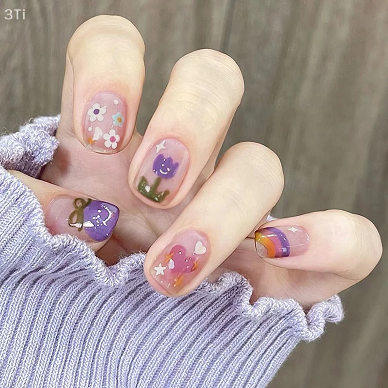 24 шт., летние накладные ногти с фиолетовым цветком и короткой квадратной головкой, съемные готовые накладные ногти, накладные ногти с клеем