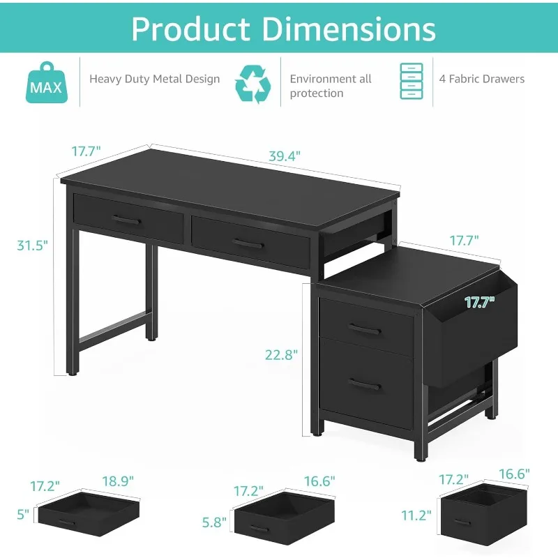 Home Office Desk com gavetas de arquivos, 57 Polegada Mesas de computador, Armário de tecido, Impressora Stand para pequeno espaço