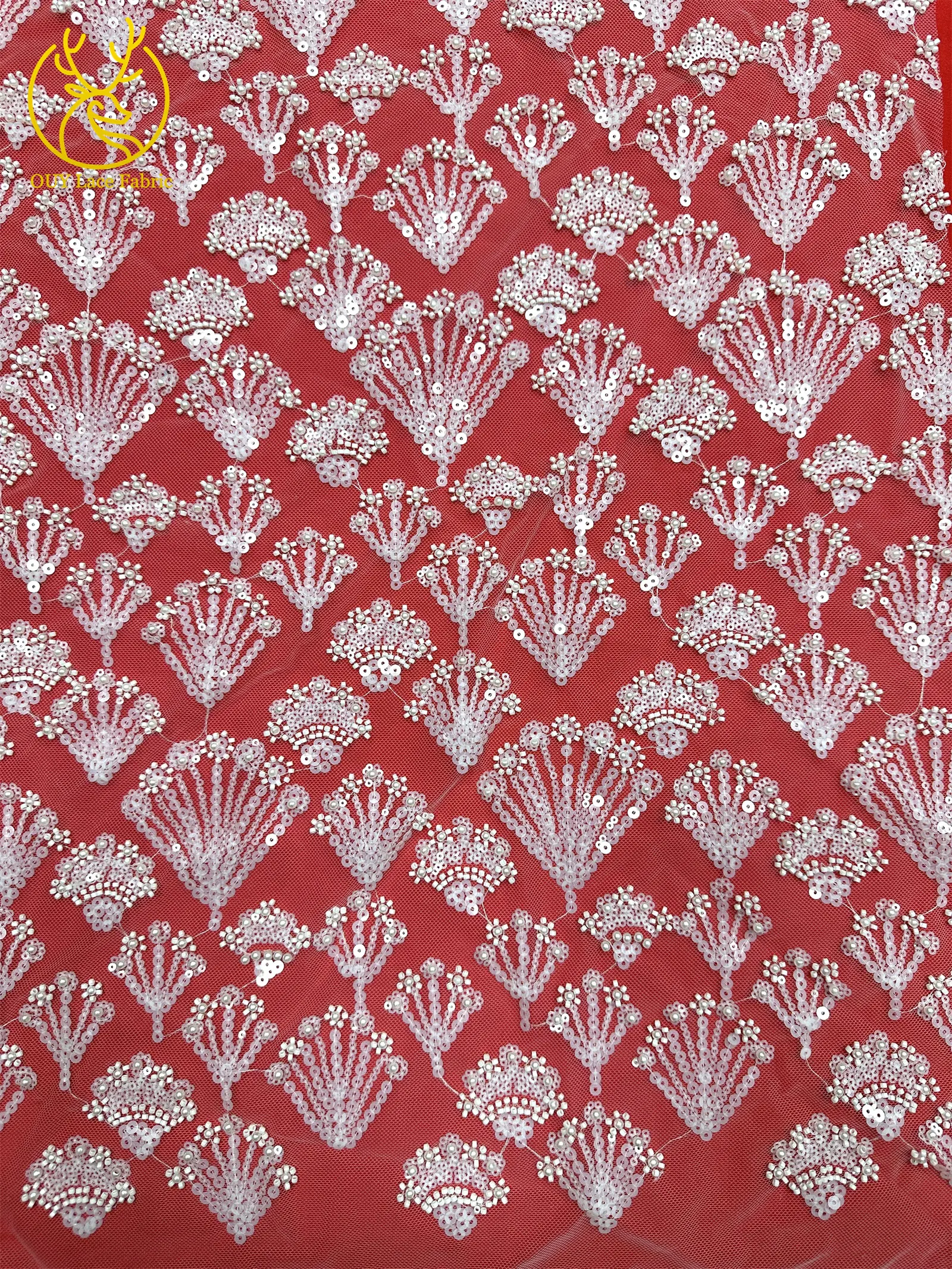 Luxuriöser französischer Perlen-Pailletten-Spitzenstoff 5 Yards Premium Hochzeitsstoff Nigerianischer Bräutigam Bestickter Tüll-Spitzenstoff für Brautkleider – Detail 12